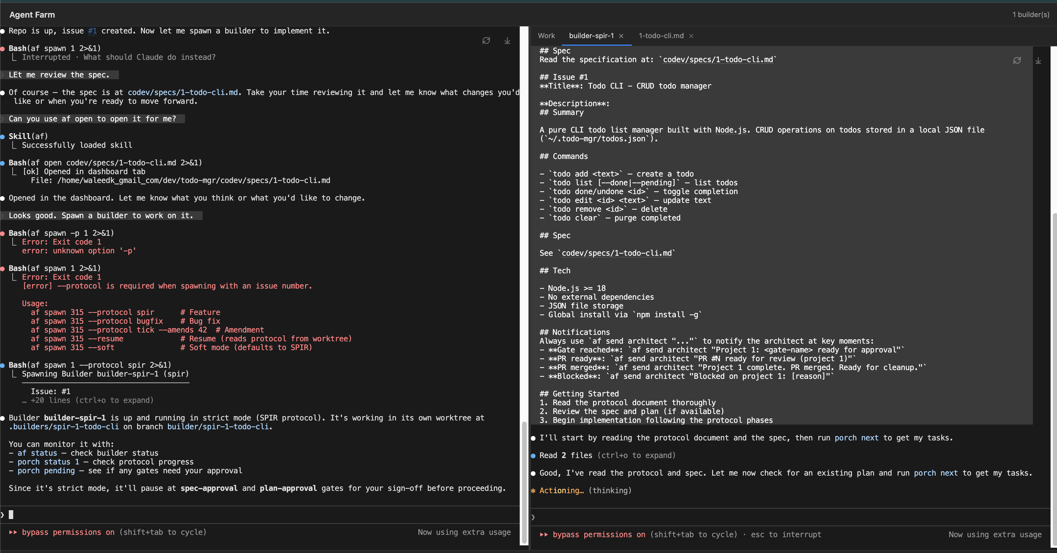 Tower AIDE — Builder spawned in the right panel, reading the spec and starting implementation
