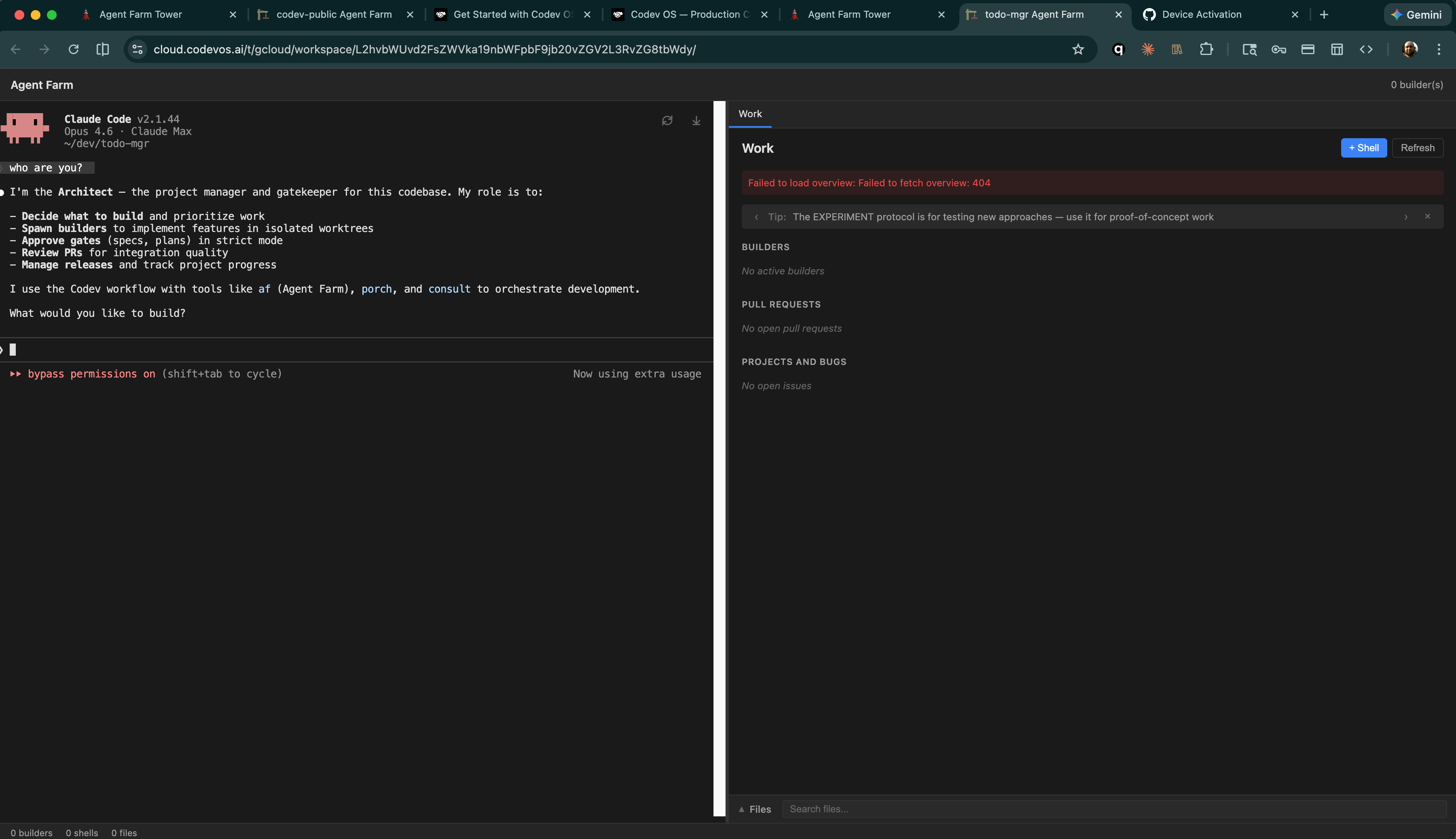 Tower AIDE — Architect terminal with Work panel showing builders, pull requests, and project status
