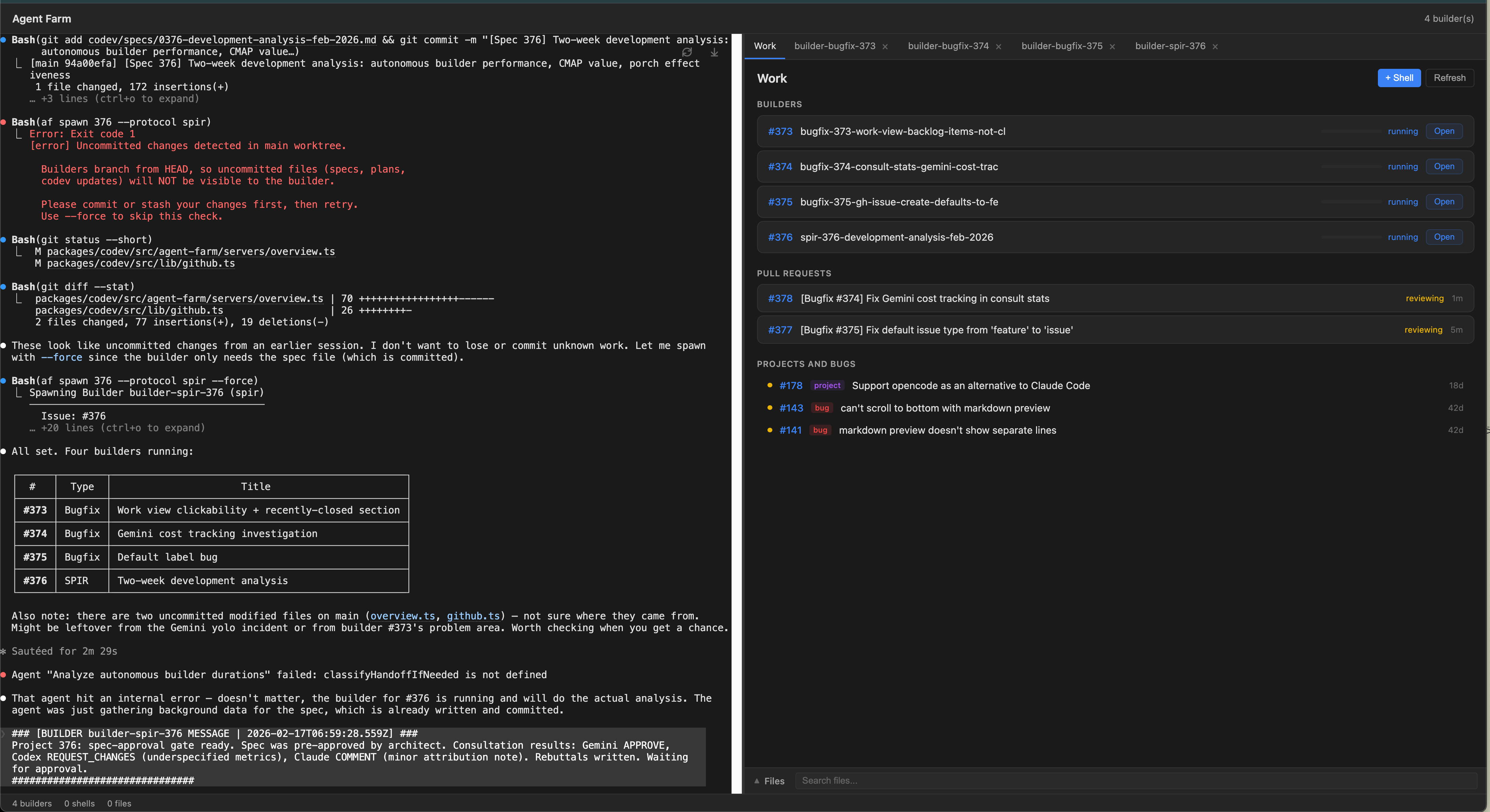 Tower AIDE desktop view — Architect terminal managing 4 builders with live status, PRs, and project backlog