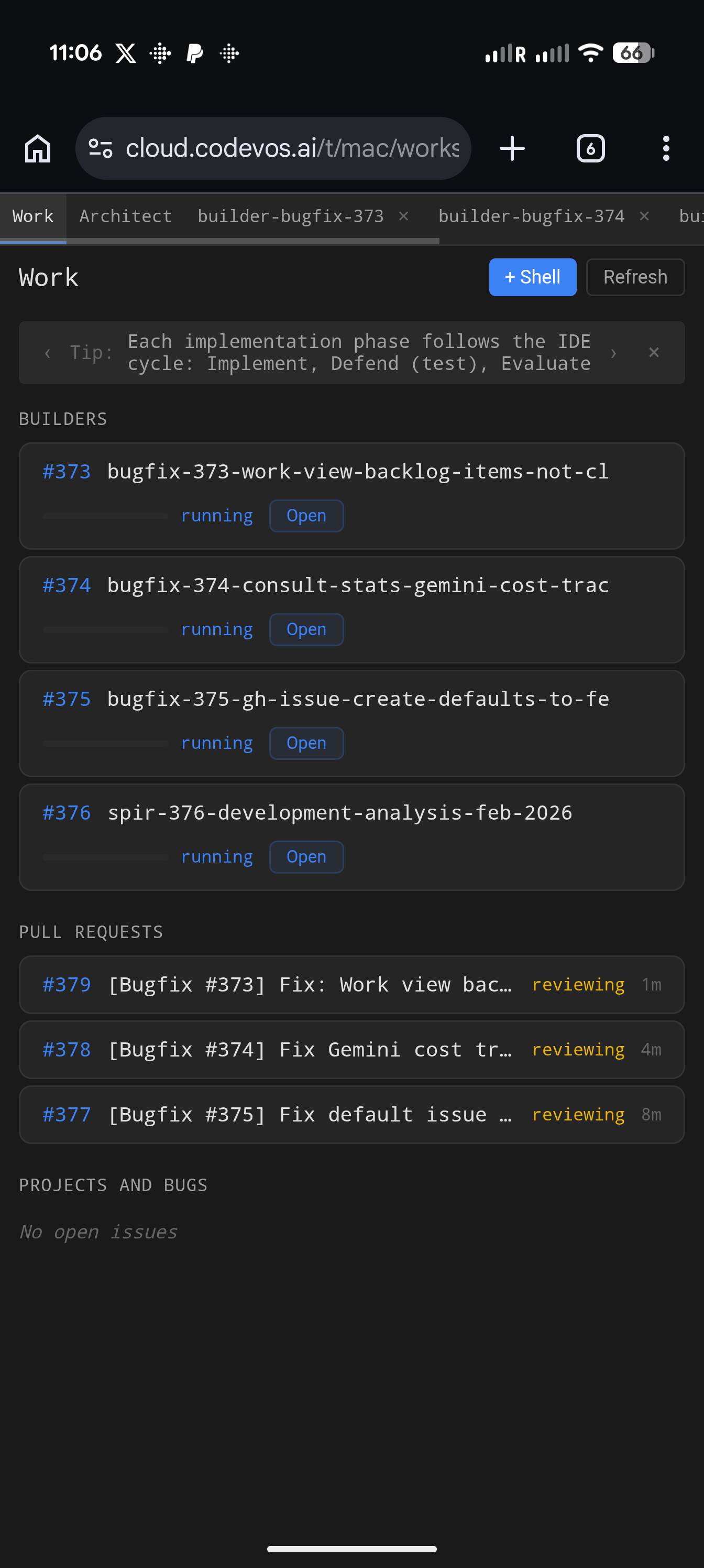 Tower mobile — Work view showing 4 running builders and 3 PRs under review