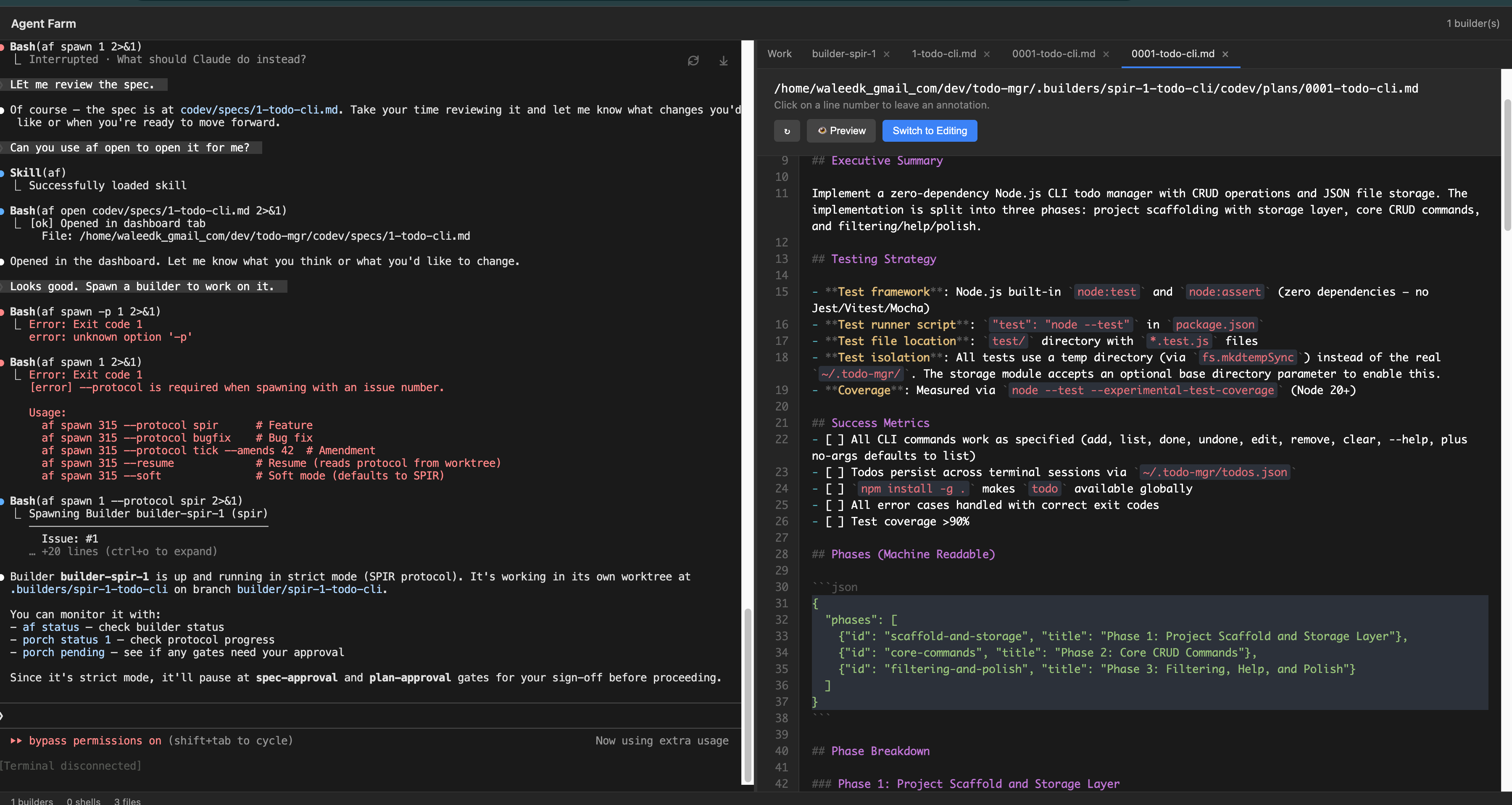 Tower AIDE — Plan open for review showing executive summary, testing strategy, and phased implementation