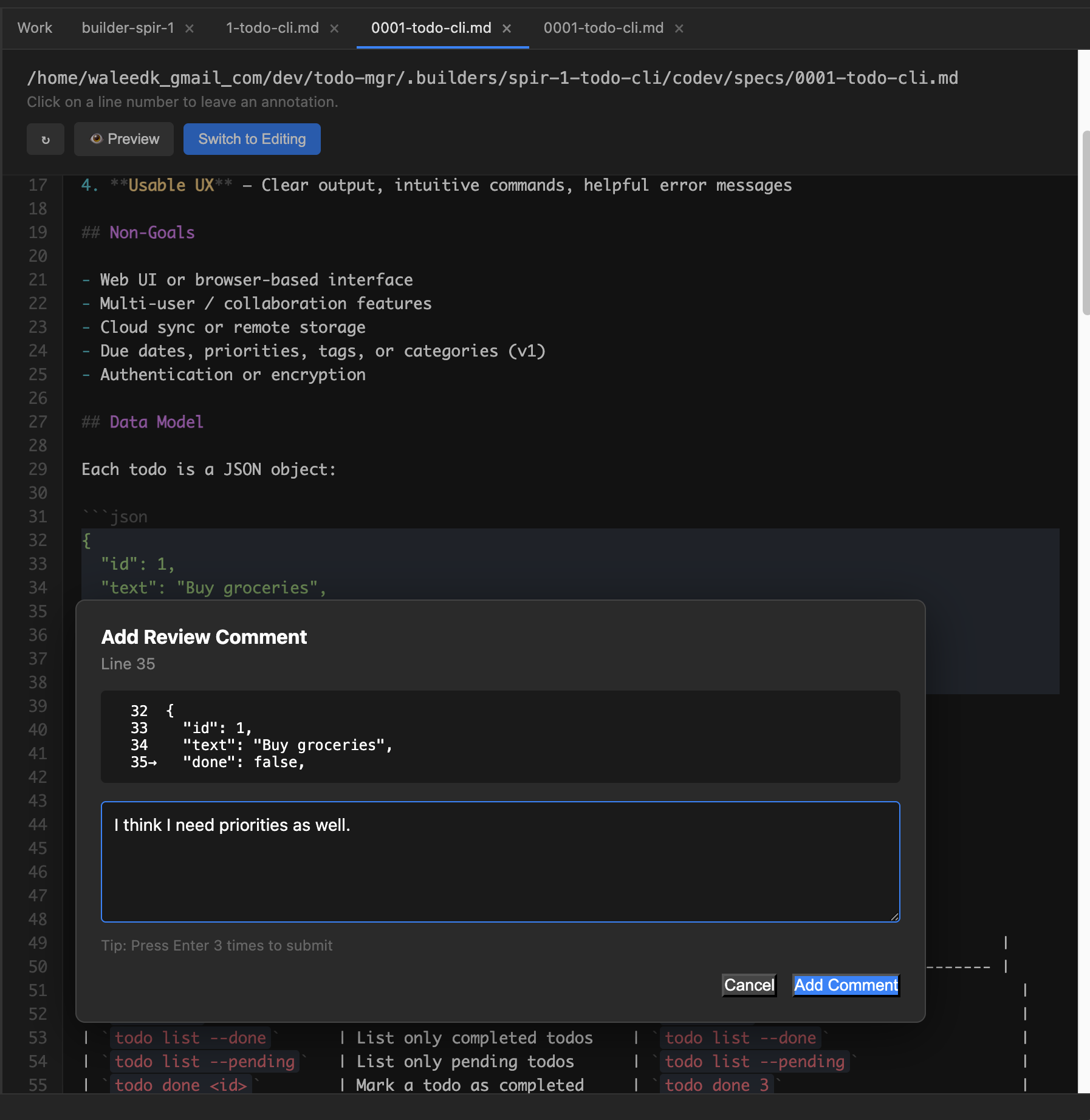 Tower AIDE — Annotating a spec line with a comment
