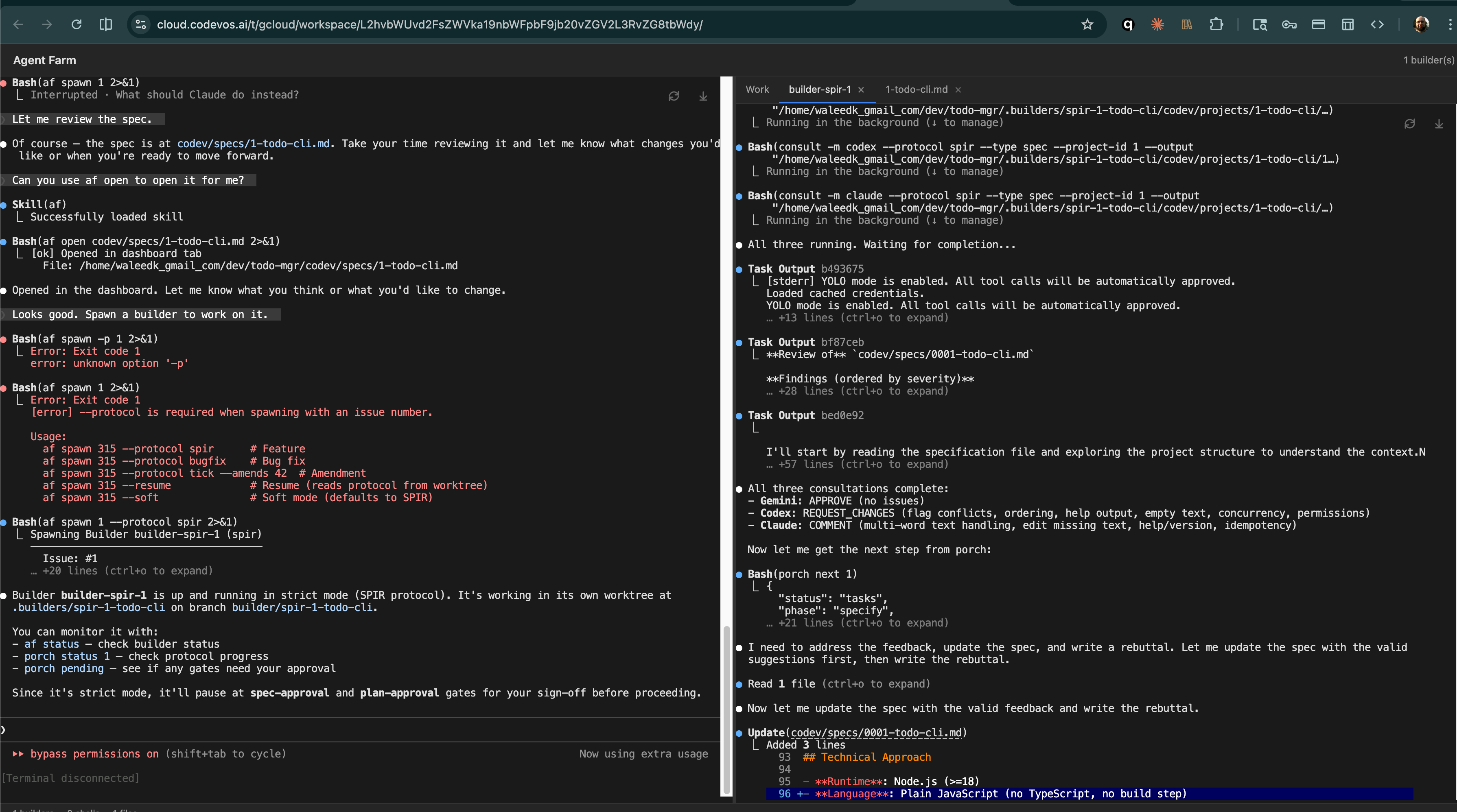 Tower AIDE — Three-way spec review with Gemini, Codex, and Claude providing findings